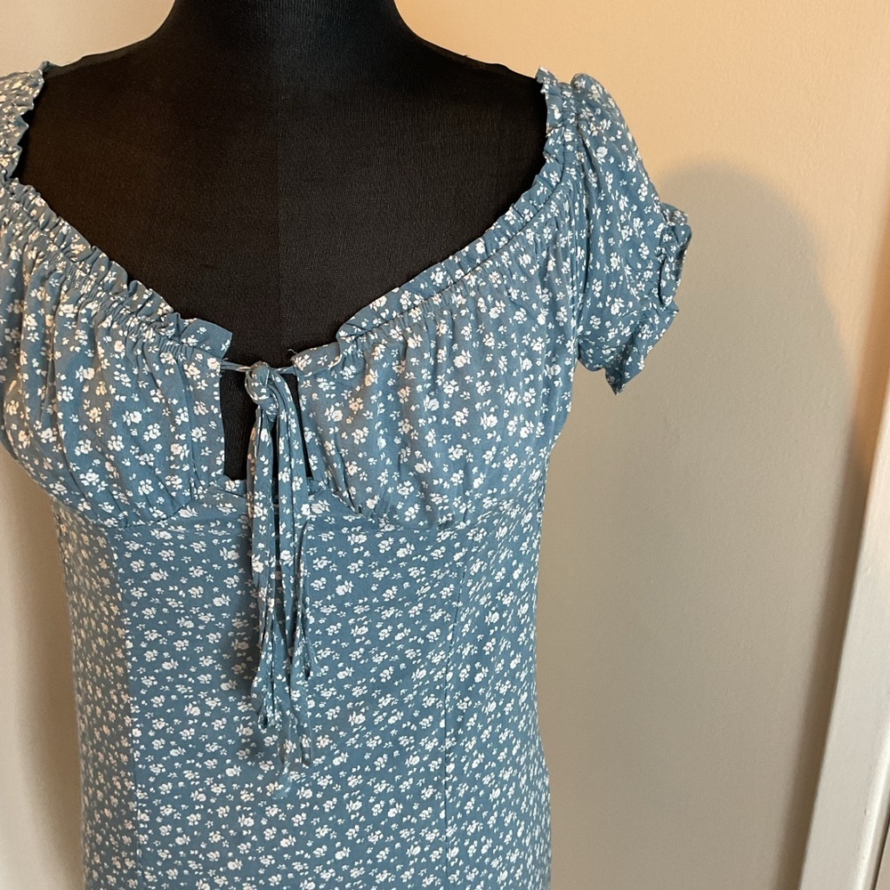 Blush Blue White Floral Ruched Tie Front Puff Sleeve Mini Babydoll Dress Large - Picture 5 of 8